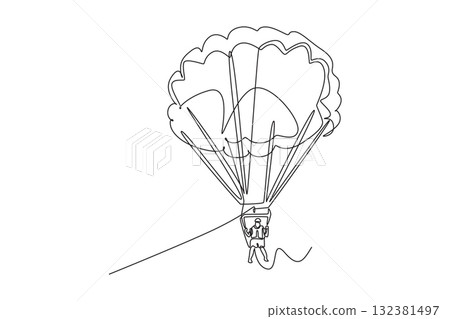 Single continuous line drawing person is parasailing, suspended beneath fully inflated parachute, soaring airborne, thrill and freedom extreme sport. One line draw graphic design vector illustration 132381497