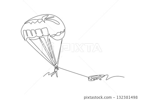 Single continuous line drawing person is parasailing, suspended beneath parachute and towed by boat, thrill and airborne freedom of the extreme sport. One line draw graphic design vector illustration 132381498