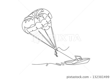 Single continuous line drawing person is parasailing high over the water, towed by boat, dynamic thrill and airborne freedom of extreme sport. Dynamic one line draw graphic design vector illustration Single continuous line drawing person is parasailing high over the water, towed by boat, dynamic thrill and airborne freedom of extreme sport. Dynamic one line draw graphic design vector illustration 132381499