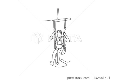 Single one line drawing young man is parasailing, suspended high above water, holding bar firmly, thrill and airborne freedom of extreme sport. Continuous line draw design graphic vector illustration Single one line drawing young man is parasailing, suspended high above water, holding bar firmly, thrill and airborne freedom of extreme sport. Continuous line draw design graphic vector illustration 132381501