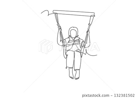 Single one line drawing woman is parasailing, suspended airborne and smiling while holding bar firmly, thrill and joy of extreme sport. Modern continuous line draw design graphic vector illustration 132381502