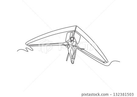 Single continuous line drawing man is hang gliding, gripping control bar firmly while soaring airborne, fluid motion, dynamic freedom of extreme sport. One line draw graphic design vector illustration 132381503