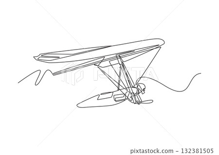 Single one line drawing bravery man is hang gliding, soaring airborne above winding that suggests, dynamic flight, fluid motion extreme sport. Continuous line draw design graphic vector illustration 132381505