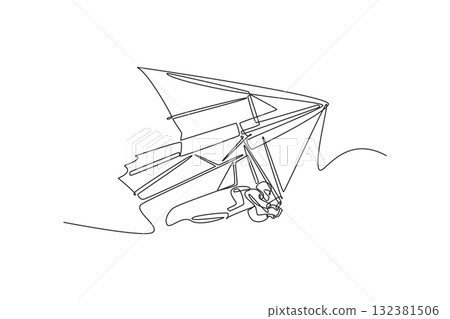 Single one line drawing bravery adventure man is hang gliding, soaring in the smooth glide, dynamic flight, and freedom of extreme sport. Modern continuous line draw design graphic vector illustration 132381506