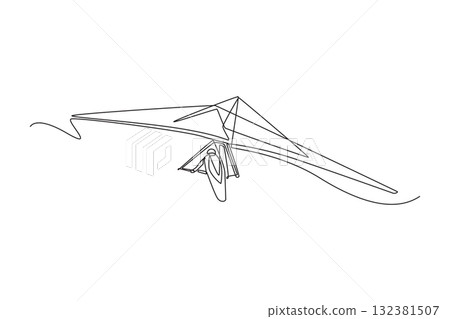 Single one line drawing back view of young sportsman doing hang gliding, smooth glide, dynamic motion, and freedom of the extreme sport. Modern continuous line draw design graphic vector illustration 132381507