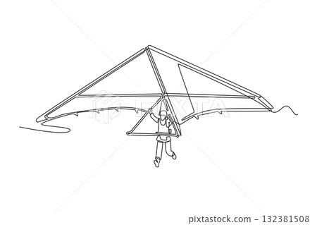 Single one line drawing woman is hang gliding, steering the glider with both hands in a front-facing view. Dynamic freedom of the extreme sport. Continuous line draw design graphic vector illustration 132381508
