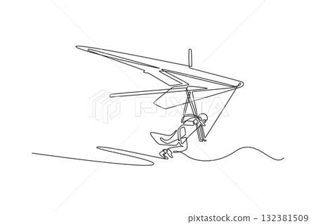 Single one line drawing female hang gliding athlete, soaring airborne and flying high. Fluid motion and dynamic freedom of extreme sport. Modern continuous line draw design graphic vector illustration 132381509
