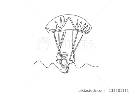 Continuous one line drawing back view young person is paragliding, suspended beneath a fully inflated chute, gripping the control lines in mid-air. Single line draw design vector graphic illustration 132381511