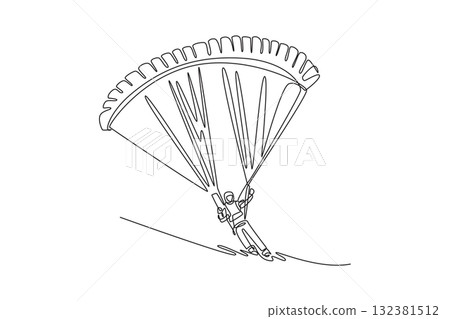 Continuous one line drawing person is paragliding, suspended beneath fully inflated chute and flying low over a slope, thrill and airborne freedom. Single line draw design vector graphic illustration 132381512