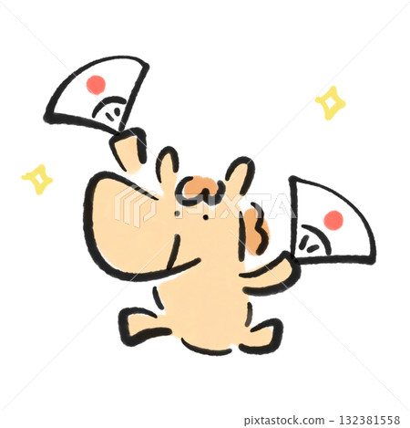 笑馬手執扇子翩翩起舞，日之丸，新年素材，水墨畫 132381558