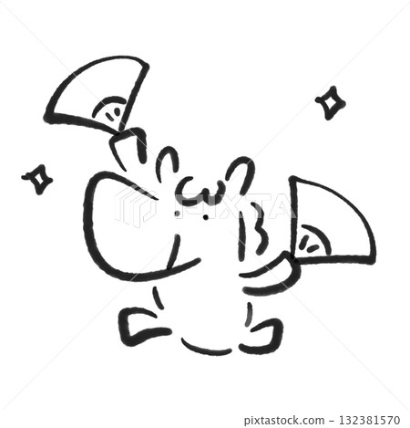 笑馬手執扇子翩翩起舞，日之丸，新年素材，水墨畫，單色 132381570