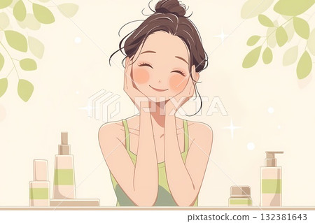 Illustration of a woman doing skin care (beauty, lifestyle, moisturizing, routine) 132381643