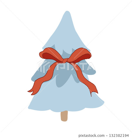 Vector flat illustration of a Christmas tree with a red bow in retro style. Small vintage blue spruce isolated on a white background. Decorative simplified New Years tree Vector flat illustration of a Christmas tree with a red bow in retro style. Small vintage blue spruce isolated on a white background. Decorative simplified New Years tree 132382194