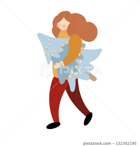 A woman carries a Christmas tree. Christmas people, vector flat illustration. Vector clip art isolated on white background A woman carries a Christmas tree. Christmas people, vector flat illustration. Vector clip art isolated on white background 132382195