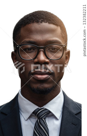 A Black male leader with a clean-shaven face and sharp glasses, his thoughtful gaze surrounded by radiant beams, representing strategic 132382211