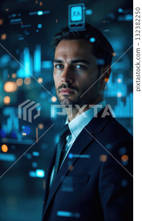 A White male entrepreneur in a sleek navy suit, gazing confidently as glowing digital charts and data projections surround him A White male entrepreneur in a sleek navy suit, gazing confidently as glowing digital charts and data projections surround him 132382250