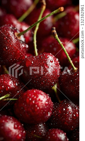 Fresh ripe cherries with water droplets in macro close up Fresh ripe cherries with water droplets in macro close up 132382961