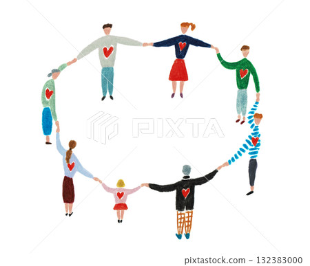 手繪插圖:人們手牽手圍成一個圈 手繪插圖:人們手牽手圍成一個圈 132383000