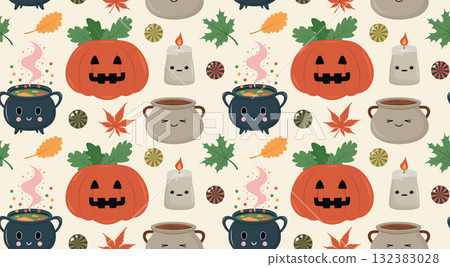 A cute, seamless vector Halloween pattern. Features smiling jack-o'-lanterns, bubbling cauldrons, happy candles, and autumn leaves A cute, seamless vector Halloween pattern. Features smiling jack-o'-lanterns, bubbling cauldrons, happy candles, and autumn leaves 132383028