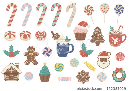 A cute vector set of Christmas sweets and pastries. Includes cupcakes, candy canes, gingerbread man, lollipops, peppermint 132383029