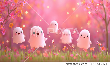 A group of cute, pink cartoon ghosts floating joyfully along a path in a magical forest of flowers and cherry blossoms 132383071