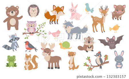Cute woodland forest animals in cartoon style. Baby art for nursery design and prints Cute woodland forest animals in cartoon style. Baby art for nursery design and prints 132383157