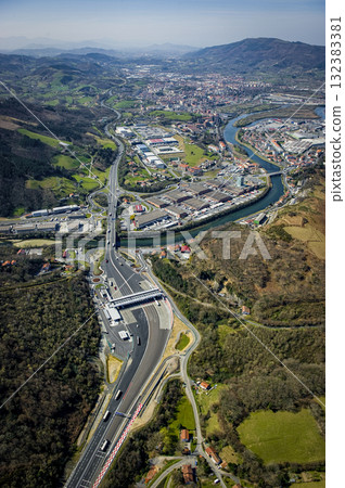 Biriatou landscape with highway and river surrounded by hills and towns 132383381