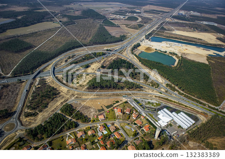 Aerial view of A64 highway near Saint-Geours-de-Marenne in Landes region Aerial view of A64 highway near Saint-Geours-de-Marenne in Landes region 132383389
