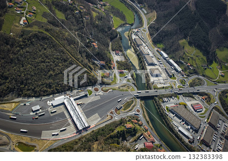 Biriatou landscape with highway and river surrounded by hills and towns 132383398