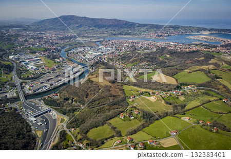 Scenic view of Peage Biriatou and Hendaye from above with green landscapes 132383401