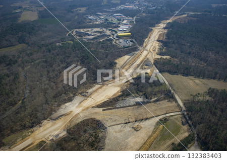 Construction of high-speed train line in France with adjacent highway Construction of high-speed train line in France with adjacent highway 132383403