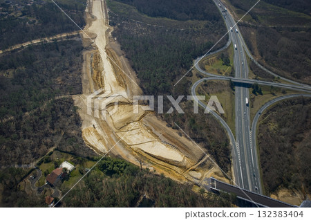 Construction of high-speed train line in France with adjacent highway 132383404
