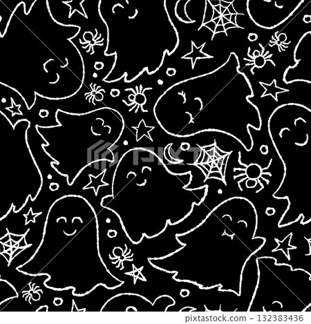 Black and White Ghosts Halloween Cute Illustrations Vector Seamless Pattern. Design for Party Wrapping Paper or Wallpaper Background 132383436