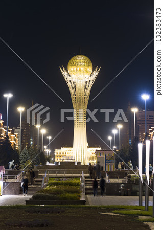 Astana, Kazakhstan: Bayterek Tower shining in the night sky 132383473