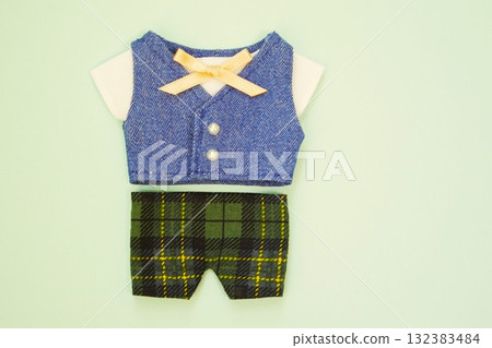 毛絨衣服：牛仔背心和綠色格紋褲 132383484