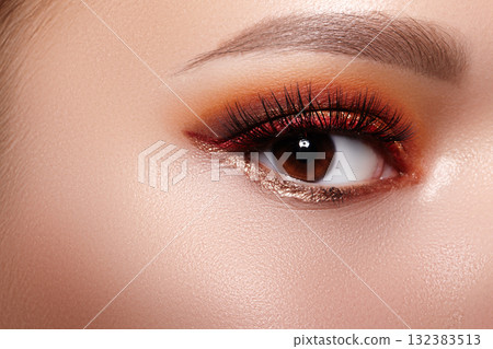 Closeup Macro of Woman Face with Bright Eyes Make-up. Fashion Celebrate Makeup, Glowy Clean Skin, perfect Shapes Brows Closeup Macro of Woman Face with Bright Eyes Make-up. Fashion Celebrate Makeup, Glowy Clean Skin, perfect Shapes Brows 132383513