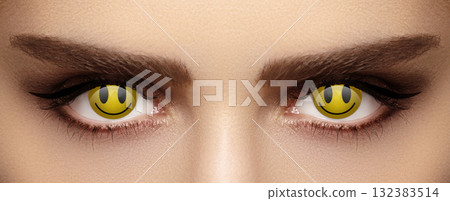 Funny Smiley Face Lenses. Creepy Halloween Style with Bright make-up and Horror Accessories 132383514