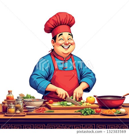 Vsai smiling asian chef cutting vegetables and preparing ingredients for cooking Vsai smiling asian chef cutting vegetables and preparing ingredients for cooking 132383569