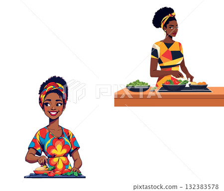 Vsai two smiling women chefs preparing food with vegetables Vsai two smiling women chefs preparing food with vegetables 132383578