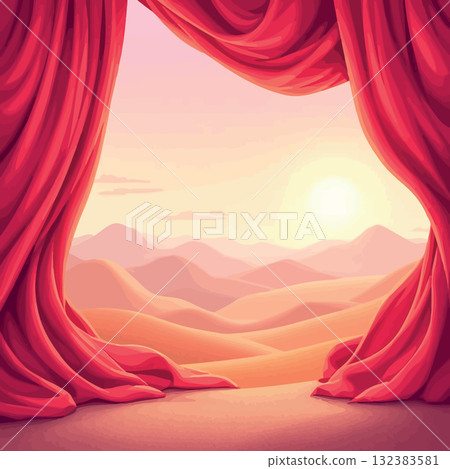 Vsai red curtains opening on scenic desert landscape at sunset Vsai red curtains opening on scenic desert landscape at sunset 132383581