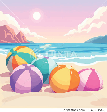 Vsai colorful beach balls resting on sandy shore at sunset Vsai colorful beach balls resting on sandy shore at sunset 132383582