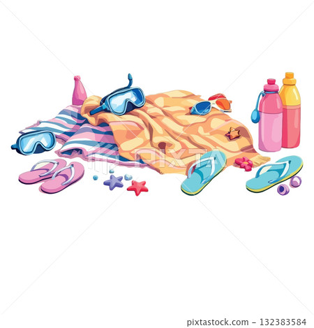 Vsai beach towels, flip flops, snorkeling gear, and drinks resting on sand creating summer vacation scene Vsai beach towels, flip flops, snorkeling gear, and drinks resting on sand creating summer vacation scene 132383584