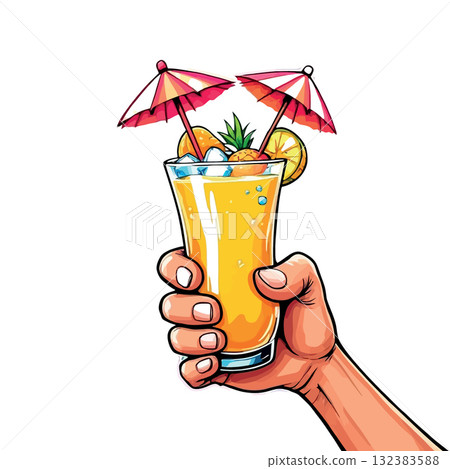 Vsai hand holding tropical cocktail with fruit, ice, and umbrellas 132383588