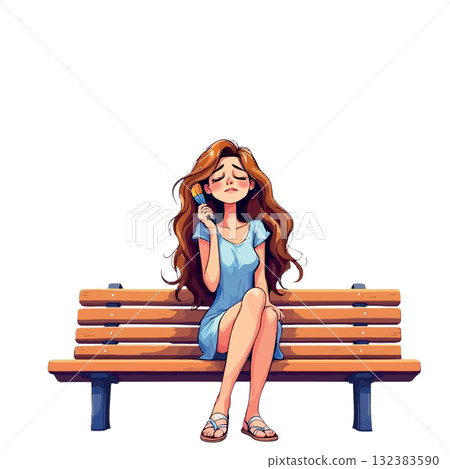 Vsai sad woman holding ice cream sitting on bench, summer heat exhaustion 132383590