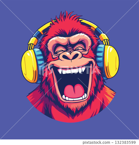 Vsai red orangutan listening music with headphones and laughing out loud Vsai red orangutan listening music with headphones and laughing out loud 132383599