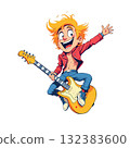 Vsai cartoon rock musician jumping while playing electric guitar 132383600