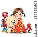 Vsai smiling girl hugging teddy bear with toy robots 132383608