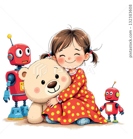 Vsai smiling girl hugging teddy bear with toy robots Vsai smiling girl hugging teddy bear with toy robots 132383608