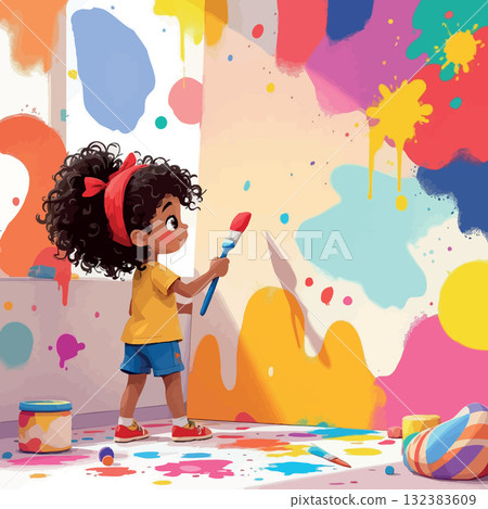 Vsai little girl painting wall with colorful splashes, child creativity and messy fun Vsai little girl painting wall with colorful splashes, child creativity and messy fun 132383609