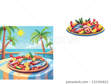 Vsai steaming seafood platter on tropical beach table enhances vacation dining 132383621